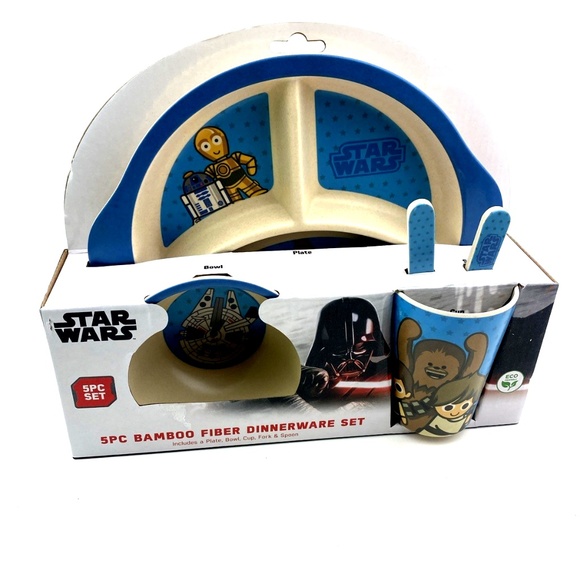Starwars Baby Feeding Set 5pc Bamboo Fiber Dinnerware Plate Bowl Cup Spoon Fork - Picture 1 of 7